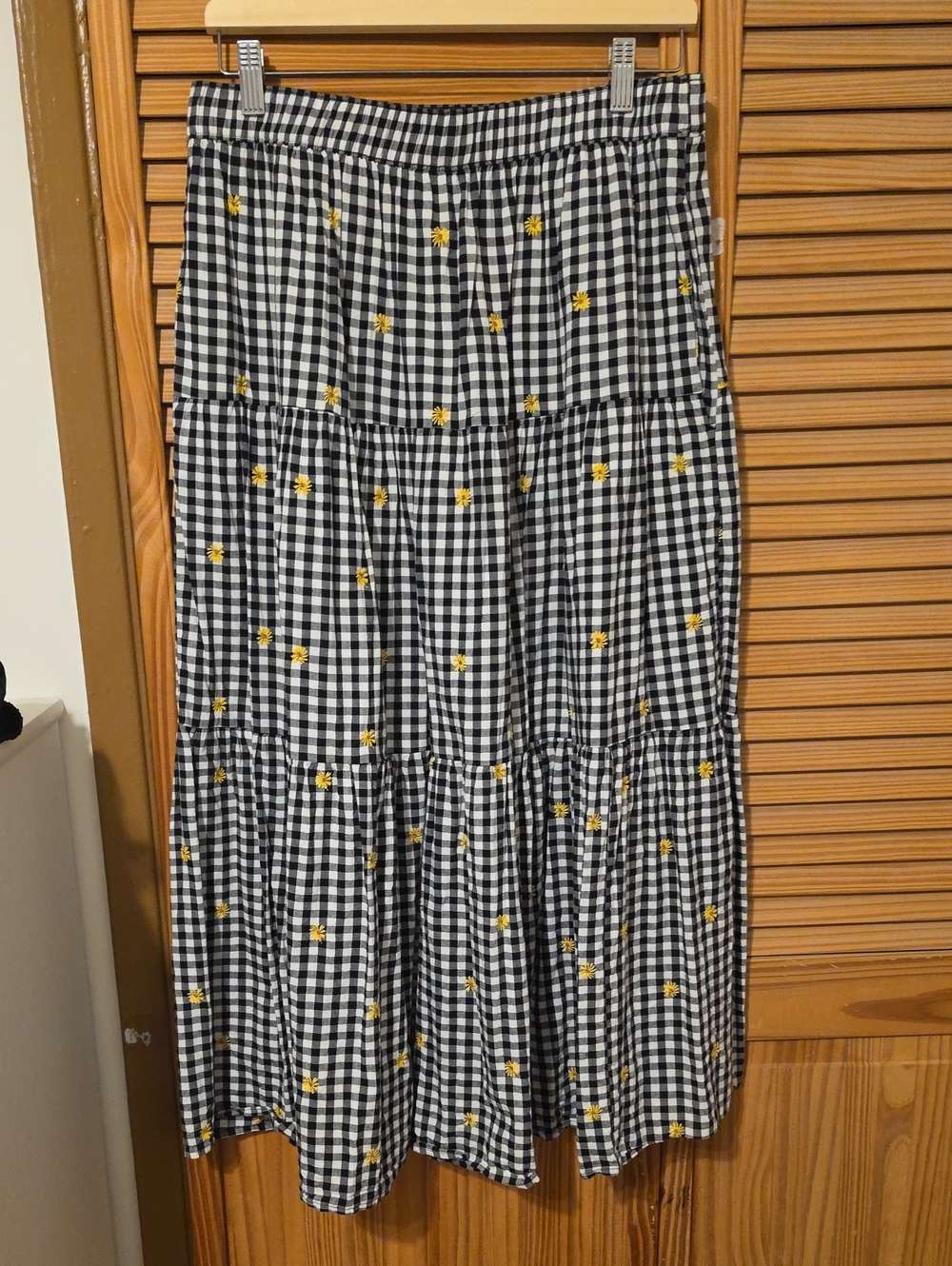 Old Navy Black & White Gingham Maxi Skirt with Yellow Floral Embroidery